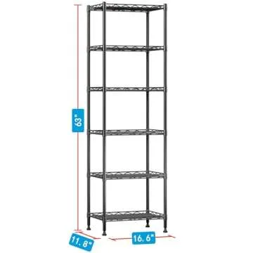 YOHKOH 6 Wire Shelving Steel Storage Rack Adjustable Unit Shelves for Laundry Bathroom Kitchen Pantry Closet 16.7" Width x 62" Height x 11.7" Depth, Black