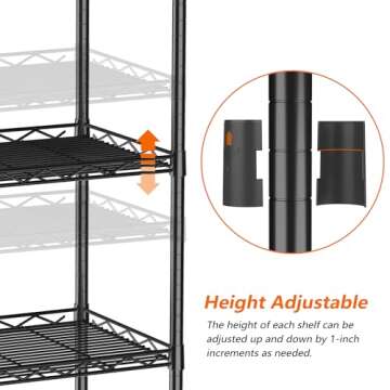 YOHKOH 6 Wire Shelving Steel Storage Rack Adjustable Unit Shelves for Laundry Bathroom Kitchen Pantry Closet 16.7" Width x 62" Height x 11.7" Depth, Black