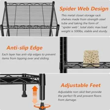 YOHKOH 6 Wire Shelving Steel Storage Rack Adjustable Unit Shelves for Laundry Bathroom Kitchen Pantry Closet 16.7" Width x 62" Height x 11.7" Depth, Black