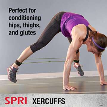 SPRI Xercuff Leg Resistance Band Exercise Cord with Non-Slip Padded Ankle Cuffs, Green, Light