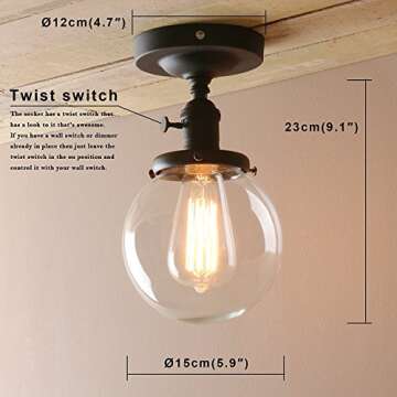 Pathson Industrial Semi-Flush Mount Ceiling Light, Vintage Style Pendant Lighting, Glass Shade Hanging Light Fixtures for Laundry Room Living Room Cafe Bar