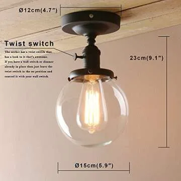 Pathson Industrial Semi-Flush Mount Ceiling Light, Vintage Style Pendant Lighting, Glass Shade Hanging Light Fixtures for Laundry Room Living Room Cafe Bar