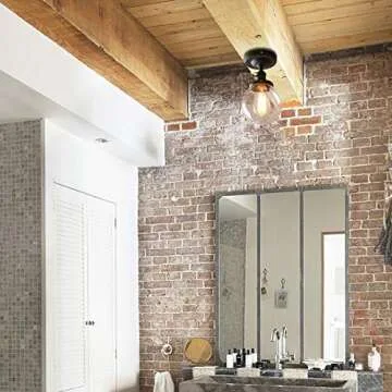 Pathson Industrial Semi-Flush Mount Ceiling Light, Vintage Style Pendant Lighting, Glass Shade Hanging Light Fixtures for Laundry Room Living Room Cafe Bar