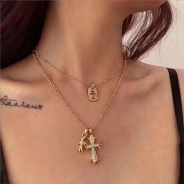 HUARJO Double Cross Vintage CZ Diamond Cross Long Pendant Necklace 18k Gold Plated Choker Necklace for Women,Trendy Jewelry Gifts for Women. (Y2k-18K Gold)