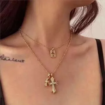 HUARJO Double Cross Vintage CZ Diamond Cross Long Pendant Necklace 18k Gold Plated Choker Necklace for Women,Trendy Jewelry Gifts for Women. (Y2k-18K Gold)