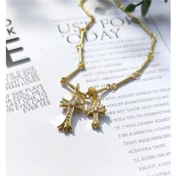 HUARJO Double Cross Vintage CZ Diamond Cross Long Pendant Necklace 18k Gold Plated Choker Necklace for Women,Trendy Jewelry Gifts for Women. (Y2k-18K Gold)