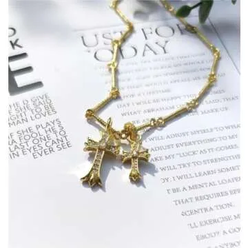 HUARJO Double Cross Vintage CZ Diamond Cross Long Pendant Necklace 18k Gold Plated Choker Necklace for Women,Trendy Jewelry Gifts for Women. (Y2k-18K Gold)