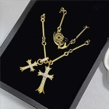 HUARJO Double Cross Vintage CZ Diamond Cross Long Pendant Necklace 18k Gold Plated Choker Necklace for Women,Trendy Jewelry Gifts for Women. (Y2k-18K Gold)