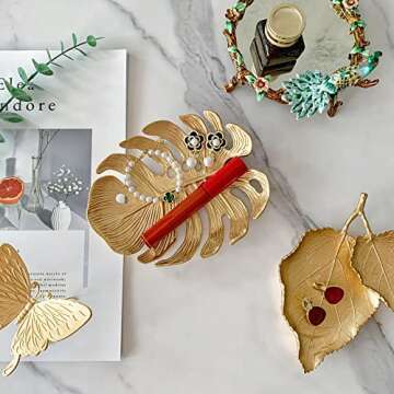 Metal Jewelry Dish, Leaf Shaped Ring Holder Jewelry Organizer, Trinket Dish Vanity Tray for Dresser Christmas Birthday Wedding Gifts