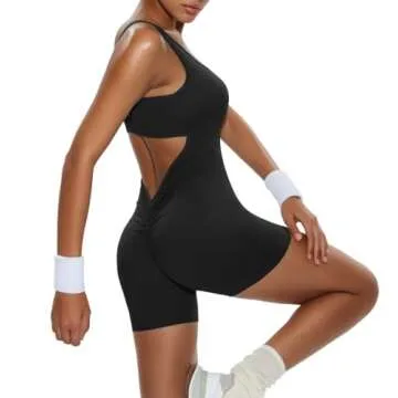 Vertvie Jumpsuits for Women Sexy Backless One Piece Jumpsuit Shorts Sleeveless Tummy Control V Back Scrunch Bodycon Romper(Black,Medium)