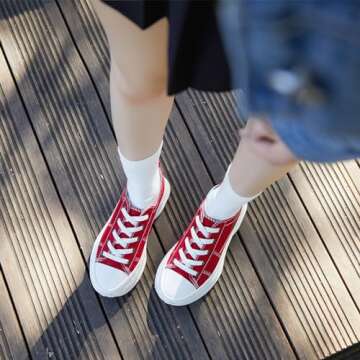 Womens Low Top Platform Sneakers,White Canvas Sneakers,Casual Platform Tennis Shoes(Red.US11)