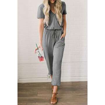 PRETTYGARDEN Women's Summer Casual Deep V Neck Short Sleeve Wrap Drawstring Waist Jumpsuit Romper (G...