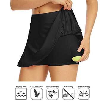 Toumett Women's Tennis Skirt Lightweight Pleated Athletic Skorts Sports Golf Running Mini Skirt with Pockets and Shorts (012,Black,S)