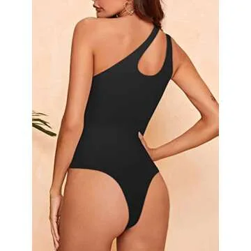REORIA Women's Summer Sexy One Shoulder Cutout Front Sleeveless One Piece Tank Tops Backless Thong Bodysuits Leotards for Going Out Black Large