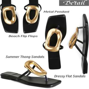 Atsroel Metal Pendant Thong Sandals For Women Square Toe Flat Sandals Fashion Flip Flops Summer Beac...