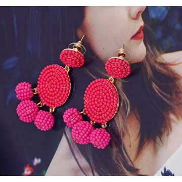 ELEARD Beaded Earrings Elegant Soriee Dangle Bead Disc Bead 3 Ball Dangle Ear Drop Bead Tassel Earri...