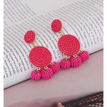 ELEARD Beaded Earrings Elegant Soriee Dangle Bead Disc Bead 3 Ball Dangle Ear Drop Bead Tassel Earrings for Women (Hot Pink)