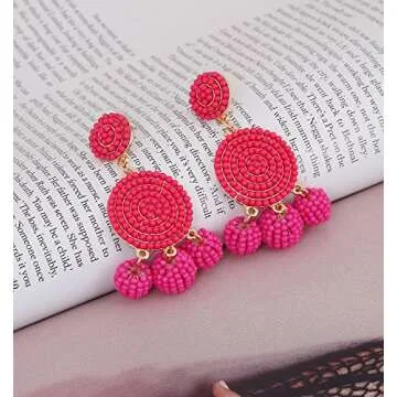 ELEARD Beaded Earrings Elegant Soriee Dangle Bead Disc Bead 3 Ball Dangle Ear Drop Bead Tassel Earrings for Women (Hot Pink)