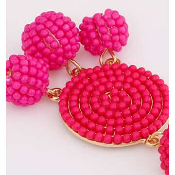ELEARD Beaded Earrings Elegant Soriee Dangle Bead Disc Bead 3 Ball Dangle Ear Drop Bead Tassel Earrings for Women (Hot Pink)