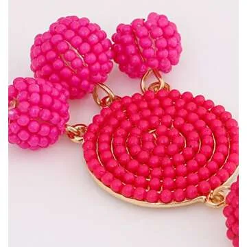 ELEARD Beaded Earrings Elegant Soriee Dangle Bead Disc Bead 3 Ball Dangle Ear Drop Bead Tassel Earrings for Women (Hot Pink)
