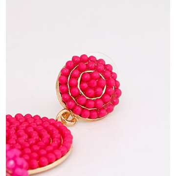 ELEARD Beaded Earrings Elegant Soriee Dangle Bead Disc Bead 3 Ball Dangle Ear Drop Bead Tassel Earrings for Women (Hot Pink)