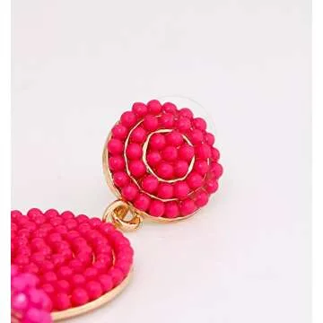 ELEARD Beaded Earrings Elegant Soriee Dangle Bead Disc Bead 3 Ball Dangle Ear Drop Bead Tassel Earrings for Women (Hot Pink)