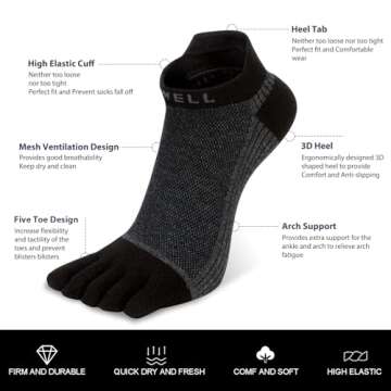 VWELL Cotton Toe Socks Five Finger Socks No Show Crew Athletic Running Socks 4 Pairs,Size 7-11