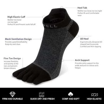 VWELL Cotton Toe Socks Five Finger Socks No Show Crew Athletic Running Socks 4 Pairs,Size 7-11