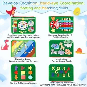 Esjay Toddler Busy Board Montessori Toys, Sensory Board Educational Activities for Learning Fine Motor Skills, Gifts for Girls Boys Toddlers, Travel Toys for Airplane Car,Green Dinosaur