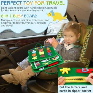 Esjay Toddler Busy Board Montessori Toys, Sensory Board Educational Activities for Learning Fine Motor Skills, Gifts for Girls Boys Toddlers, Travel Toys for Airplane Car,Green Dinosaur