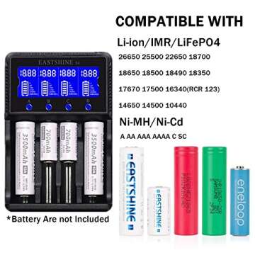 Universal Smart Battery Charger 4 Bay for Rechargeable Batteries NiMH NiCd AA AAA C Li-ion LiFePO4 IMR 18650 21700 20700 26650 14500 16340 18500 10440 18350 RCR123a LCD Display UL Listed