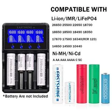 Universal Smart Battery Charger 4 Bay for Rechargeable Batteries NiMH NiCd AA AAA C Li-ion LiFePO4 IMR 18650 21700 20700 26650 14500 16340 18500 10440 18350 RCR123a LCD Display UL Listed