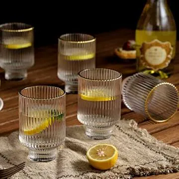G Meridian Tumbler Glasses Set 6, 11.5oz with Gold Rim
