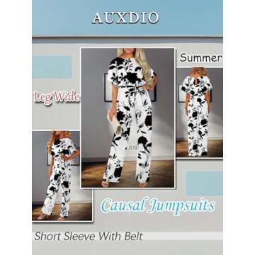 AUXDIO Womens Floral Print Jumpsuit Dressy Crew Neck Short Sleeve Tie Waist Wide Legs Pants Rompers Summer (Floral Print M)