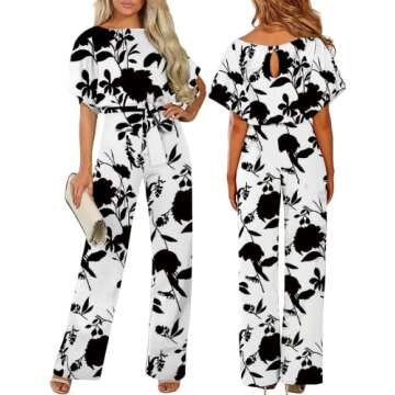 AUXDIO Womens Floral Print Jumpsuit Dressy Crew Neck Short Sleeve Tie Waist Wide Legs Pants Rompers Summer (Floral Print M)