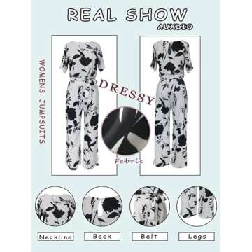 AUXDIO Womens Floral Print Jumpsuit Dressy Crew Neck Short Sleeve Tie Waist Wide Legs Pants Rompers Summer (Floral Print M)