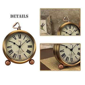 Maxspace Table Clock, Golden Metal Retro Non-Ticking Alarm Clock for Bedroom, Vintage Battery Operat...