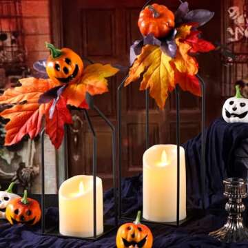 NITIME 2PCS 12/15'' Modern Farmhouse Lantern Decorative(No Glass) for Christmas-Black Metal Outdoor Candle Lantern with 2PCS Realistic Flickering LED Candles for, Patio, Porch, Indoor Decor