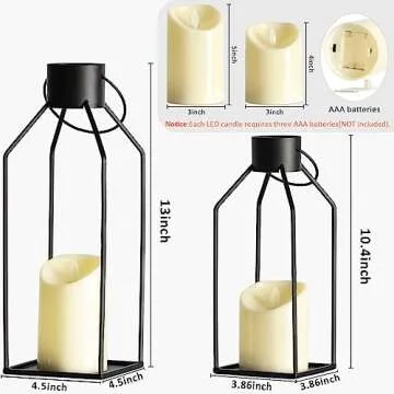 NITIME 2PCS 12/15'' Modern Farmhouse Lantern Decorative(No Glass) for Christmas-Black Metal Outdoor Candle Lantern with 2PCS Realistic Flickering LED Candles for, Patio, Porch, Indoor Decor