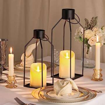 NITIME 2PCS 12/15'' Modern Farmhouse Lantern Decorative(No Glass) for Christmas-Black Metal Outdoor Candle Lantern with 2PCS Realistic Flickering LED Candles for, Patio, Porch, Indoor Decor