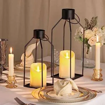 NITIME 2PCS 12/15'' Modern Farmhouse Lantern Decorative(No Glass) for Christmas-Black Metal Outdoor Candle Lantern with 2PCS Realistic Flickering LED Candles for, Patio, Porch, Indoor Decor