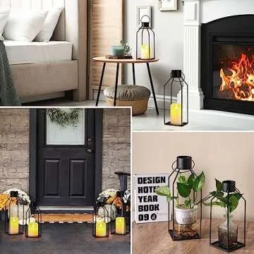 NITIME 2PCS 12/15'' Modern Farmhouse Lantern Decorative(No Glass) for Christmas-Black Metal Outdoor Candle Lantern with 2PCS Realistic Flickering LED Candles for, Patio, Porch, Indoor Decor