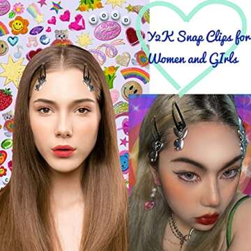 8 Pairs Y2K Snap Clip Silver Tone Metal Vintage Charms Hip Hop Y2K Jewelry Hair Accessories 90s Style Aesthetic Gifts for Women Girls (#1)