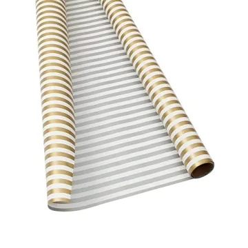 Caspari Club Stripe Reversible Wrapping Paper - Gold & Silver