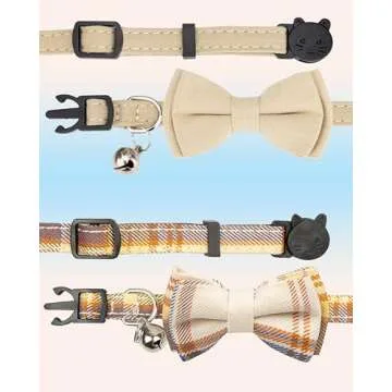 Gyapet Cat Collar Breakaway Bowtie Safety with Bell Adjustbale Kitten Puppy Solid Plaid Color Set D-[2pcs] Beige