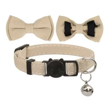 Gyapet Cat Collar Breakaway Bowtie Safety with Bell Adjustbale Kitten Puppy Solid Plaid Color Set D-[2pcs] Beige