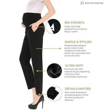 Alina Mae Maternity Pants Comfortable Stretch Over-Bump Women Pregnancy Casual Capris for Work (Blac...