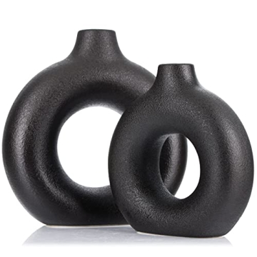 Black Ceramics Vase for Home Decor - Matte Black Vase Set of 2 Circular Flowers Vase Modern Black De...