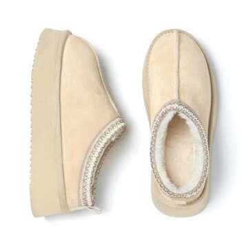 HOWILIM Women's Slippers Platform Mini Boots Short Ankle Boot Fur Fleece Lined House slippers Anti-Slip Boot For Outdoor (Beige, Adult, Women, 7, Numeric, US Footwear Size System, Medium)