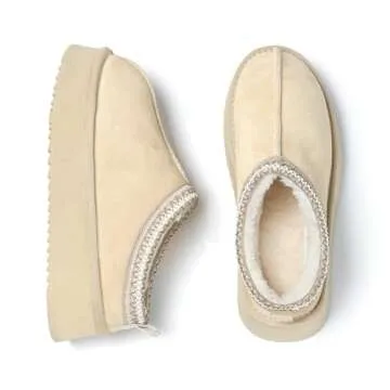 HOWILIM Women's Slippers Platform Mini Boots Short Ankle Boot Fur Fleece Lined House slippers Anti-Slip Boot For Outdoor (Beige, Adult, Women, 7, Numeric, US Footwear Size System, Medium)